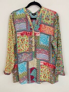 Shana Floral Patchwork Roll Tab Sleeves Silk Popover Top Size M Boho Multicolor
